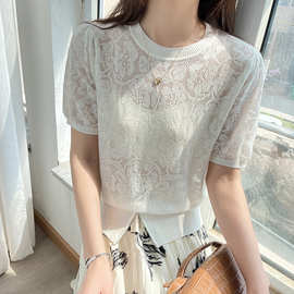 夏季薄款镂空针织衫短袖精仿羊毛衫蕾丝气质宽松T恤女上衣韩版