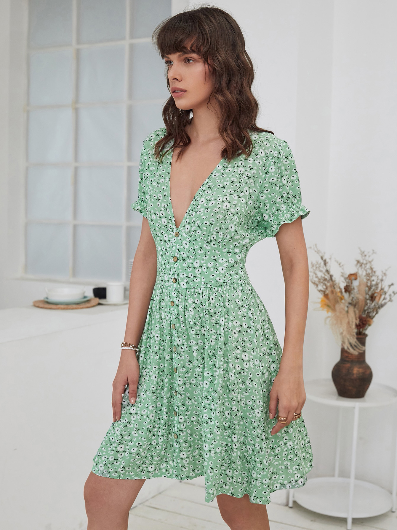 buttons floral short sleeve V-neck slim dress NSJKW132566