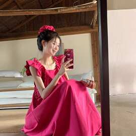 夏宽松显瘦质感玫红色长裙复古法式方领边小飞袖连衣裙女
