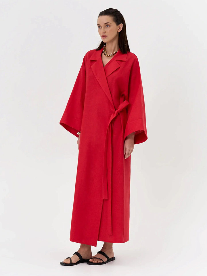 Đầm dài nữ chất liệu cotton lanh, cổ chữ V ve áo, tay dài, dáng rộng thắt dây — Xanh trái cây, Đỏ tươi chi tiết 34
