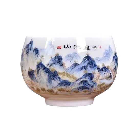 Mutton fat jade master tea cup Qianli Jiangshan cup single kung fu tea cup built large tea cup tea bowl Zen meditation cup
