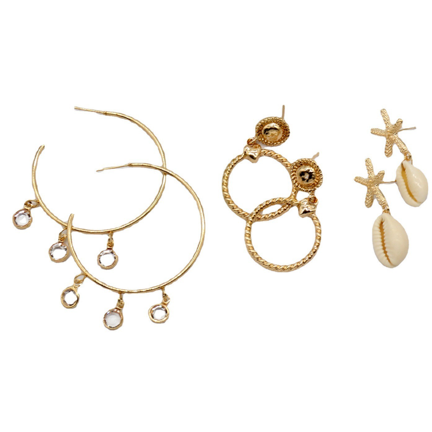 1 Jeu Décontractée Style Simple Rond Étoile De Mer Coquille Incruster Alliage Strass Boucles D'oreilles Boucles D'Oreilles display picture 5