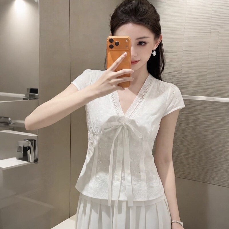 French-Style Lace Luxury Hollow-Out White Shirt for Women, Summer 2026 New Model with Bow and Flutter Sleeves, Elegant Top for Women
