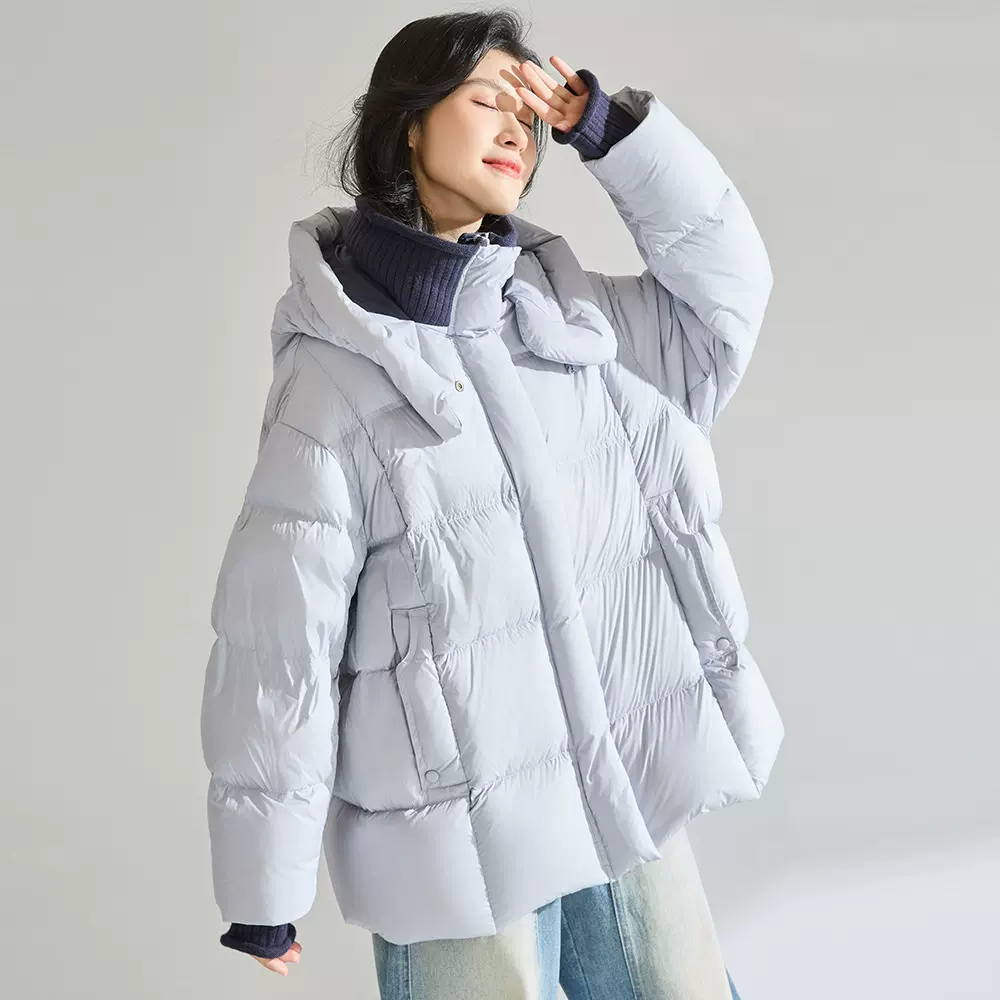 25冬季新款加厚撞色白鸭绒云朵羽绒服连帽拼接针织面包服29033