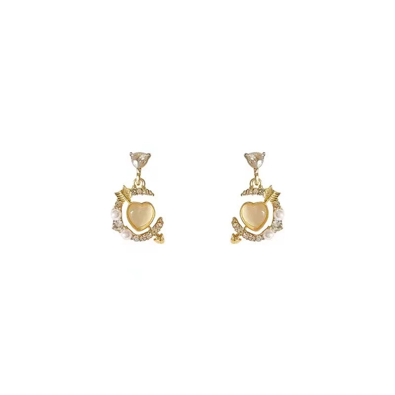 Серьги, цирконий, клипсы для ушей, корейский стиль, шампанское, кошачий глаз