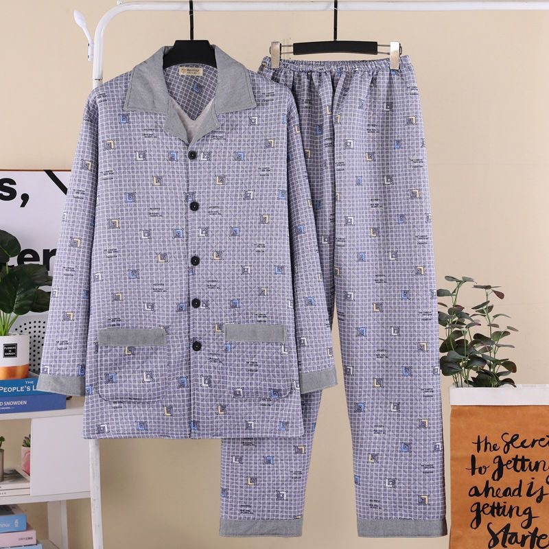 가을, 겨울 남성 샌드위치 코튼 가디건 옷깃 중년 및 노인 긴팔 두꺼운 얇은 퀼트 대형 잠옷 캐주얼 홈웨어