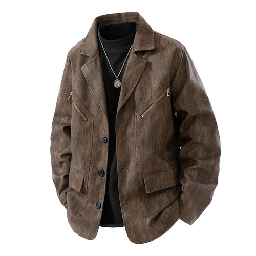 New Men's Leather Jacket, Biker Jacket, Collarless Racing Style, Contrast Color, Hong Kong Style Trend Brand, Seasonal Couple's Edition, Wide