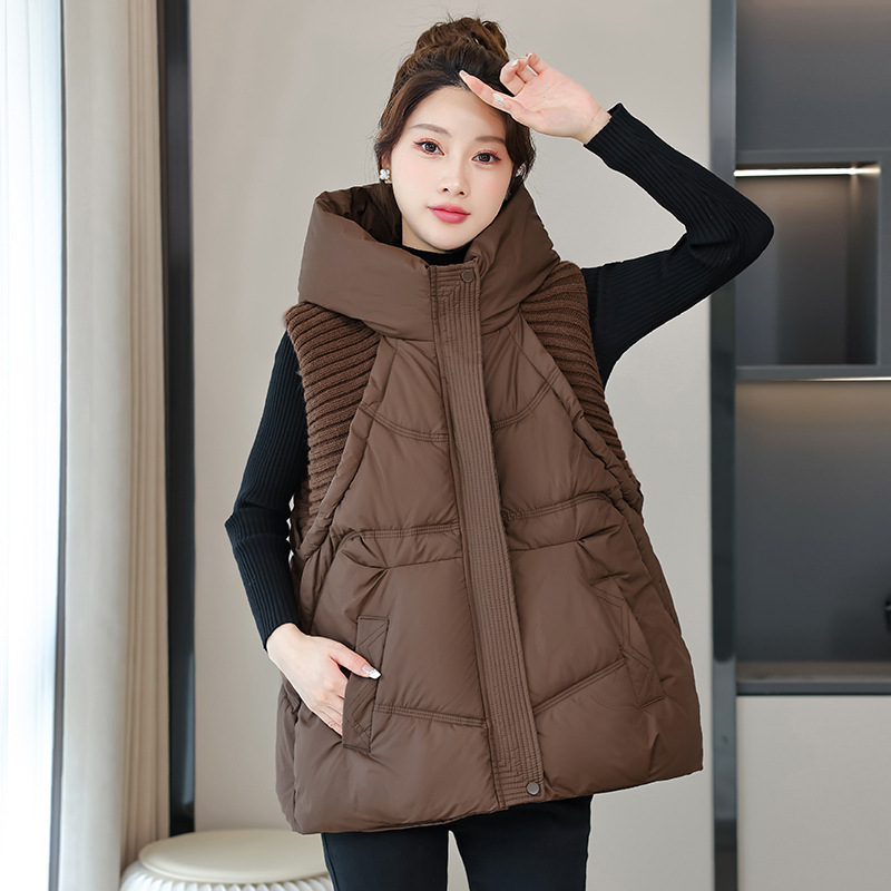 Autumn New Style down Cotton Vest for Women, Short Knitted Patchwork Hooded Vest, Cotton Padded Jacket, Trendy Autumn New Style down Cotton Vest for Women, Short Knitted Patchwork Hooded Vest, Cotton Padded Jacket, Trendy