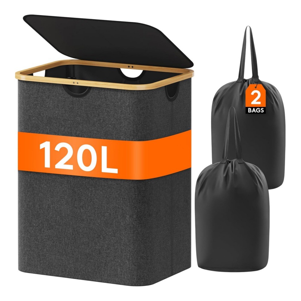 Folding Bamboo Laundry Basket with Inner Bag, Fabric Bamboo Laundry Hamper, Large Capacity Clothing Storage Basket