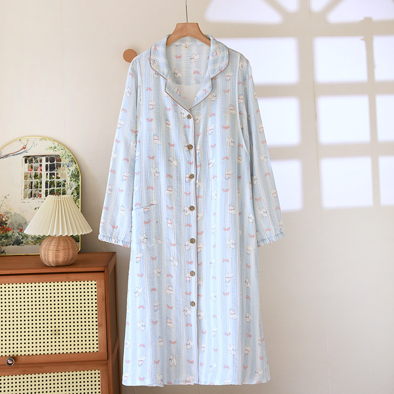 가슴 패드/고정 컵 순면 크레이프 라펠 블루 고양이 긴팔 수유 스커트
