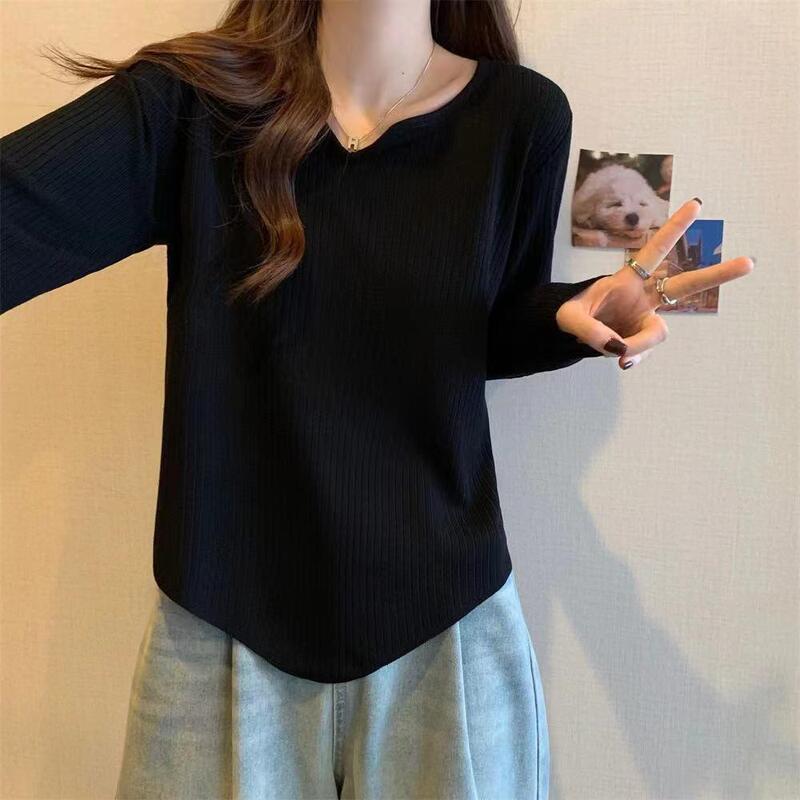 2025大码遮肚子正肩长袖V领打底衫女秋冬装胖妹妹不规则显瘦上衣|undefined