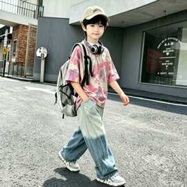 男童夏季套装2026新款儿童扎染短袖牛仔裤套装品牌有吊牌