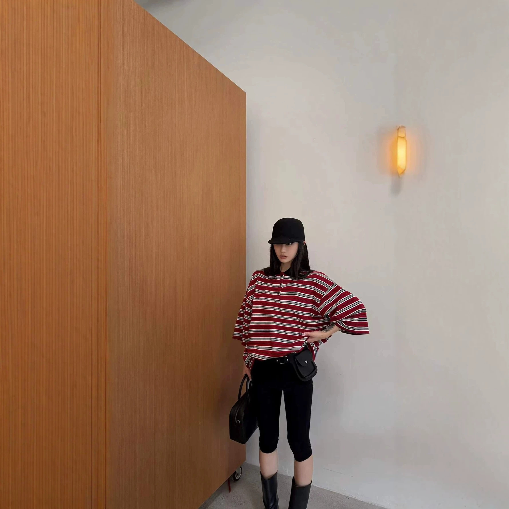 Thirteen Lines FlSHYU Early Autumn New American Retro Color Block Striped Mid-Sleeve Loose Polo Shirt for Women 26511