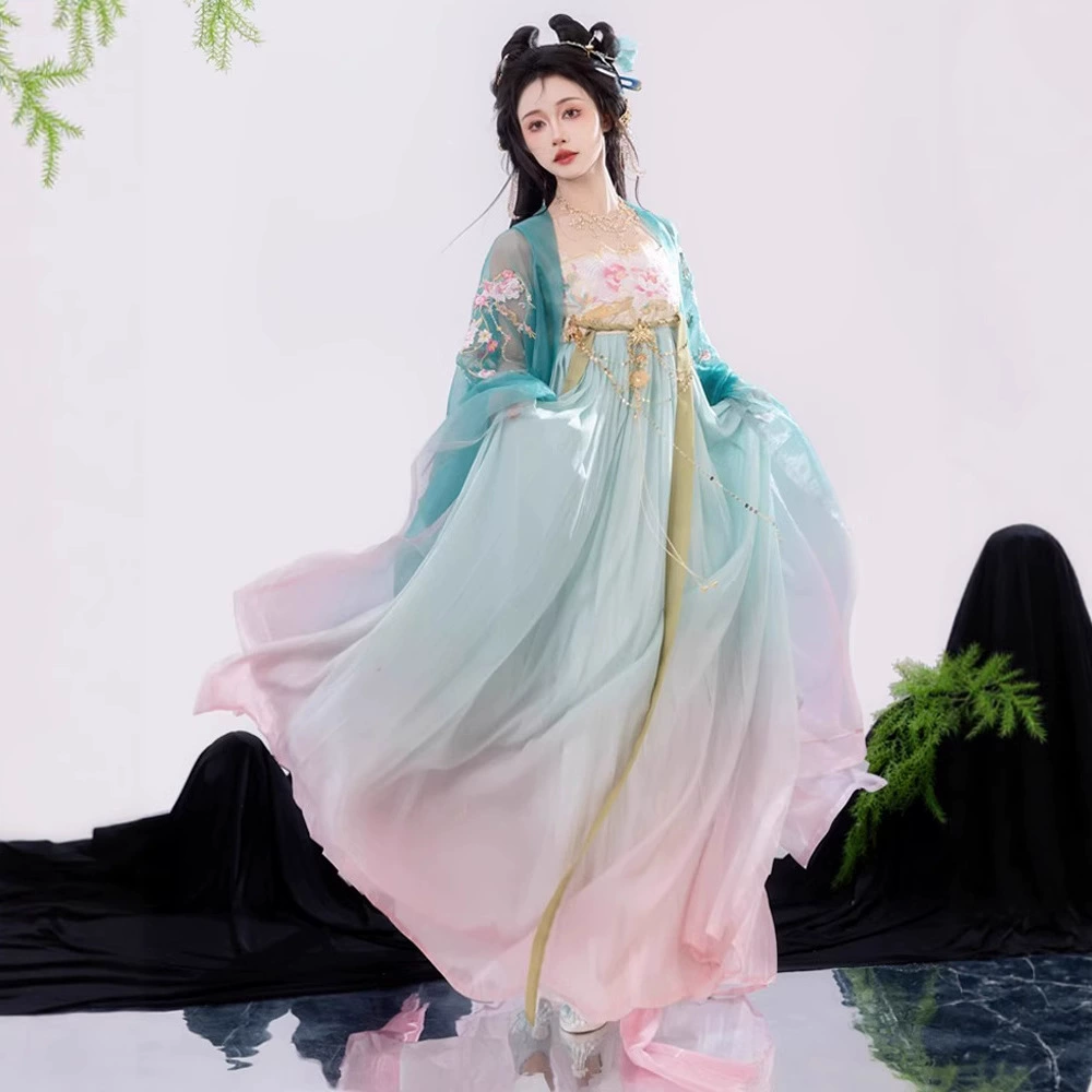 Оригинальный женский Hanfu 2025, новая весенне-летняя юбка Hezi в стиле Тан, юбка Ru длиной до груди, рубашка с большими рукавами с богатой вышивкой, супер сказочная.