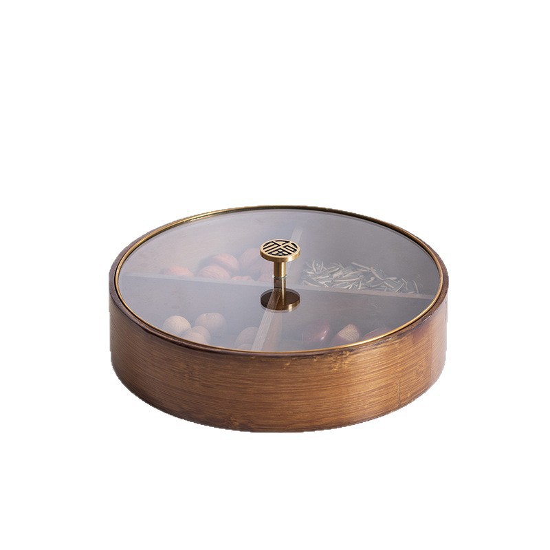 Cuatro placas de fruta seca de madera sólida retro con cubierta de vidrio de borde dorado mesa de té doméstica nueces dulces caja de frutas dividida