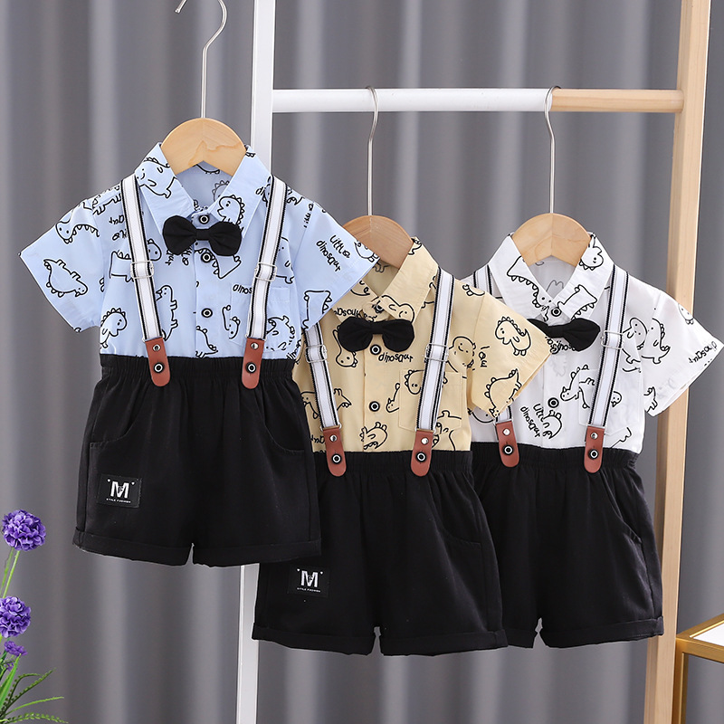 Baby Boy Dinosaur Print Short-Sleeved Shirt and Suspender Shorts Set Children's Bow Tie Dress Outing Summer Outfit Two-Piece Set
