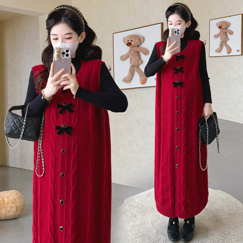 [New Year Party] Maternity Suit Autumn and Winter Sweater Dress 2025 New Red Pregnant Mom High-End Wear