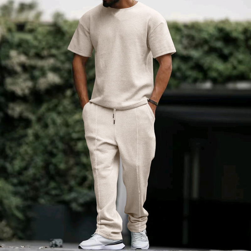 Los pantalones de manga corta de los hombres europeos y americanos se adaptan a la galleta pesada oversize Plus size Amazon cuello redondo traje casual