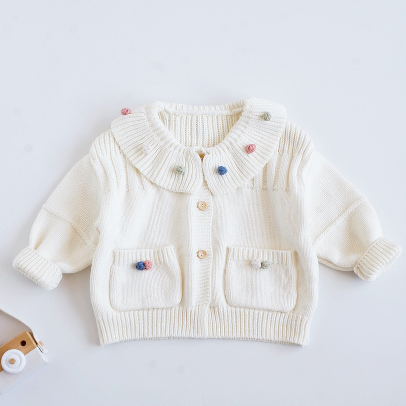 Korean Children's Wear Spring and Autumn Girls' Knitted Cardigan Lapel Cotton Sweater Popcorn Colorful Bean Sweater