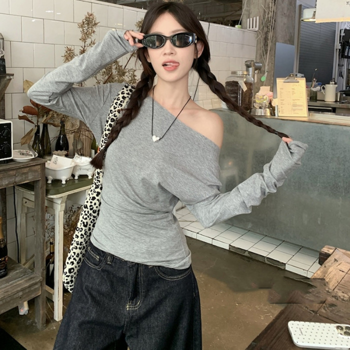 辣妹一字斜领露肩设计感不规则长袖T恤女秋冬穿搭修身打底衫上衣|undefined