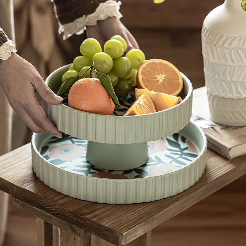 Flores de alto valor, plato de frutas de cerámica, plato casero, plato de frutas de Año Nuevo, plato de bocadillos, plato creativo de pies altos, platos de cubiertos