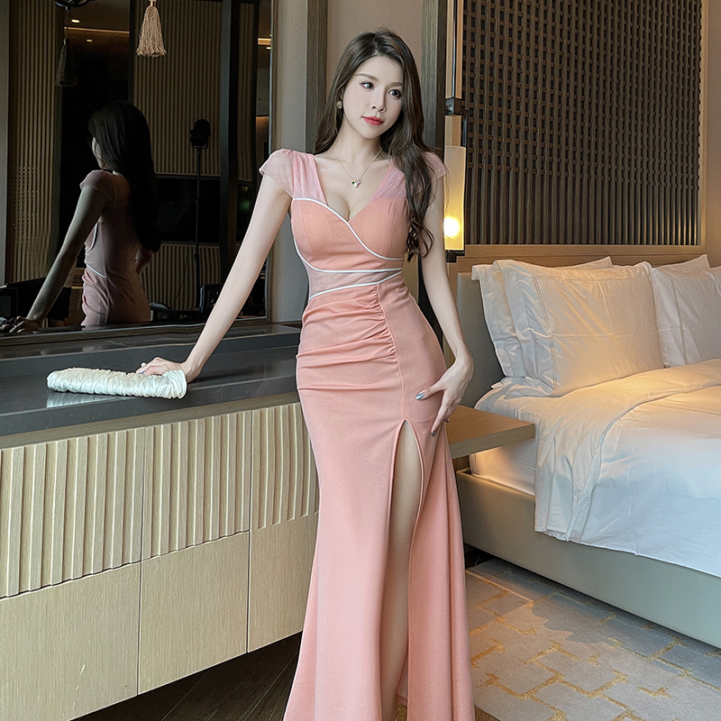 KTV Shoulder Bottoming Perspective dress Deep V Sexy Long Dress Massage Work Clothes PR Jiali Night Shop Women's Dress