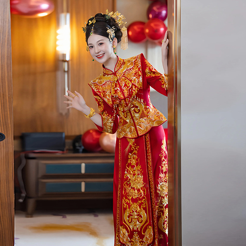 龙凤褂新娘嫁衣2025新款披肩秀禾服婚服重工敬酒服显瘦出嫁衣4XL