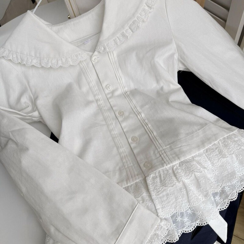 2026 French-Style Mori Girl White Doll Collar Long-Sleeve Shirt for Women, Autumn Lace Patchwork Youthful Top
