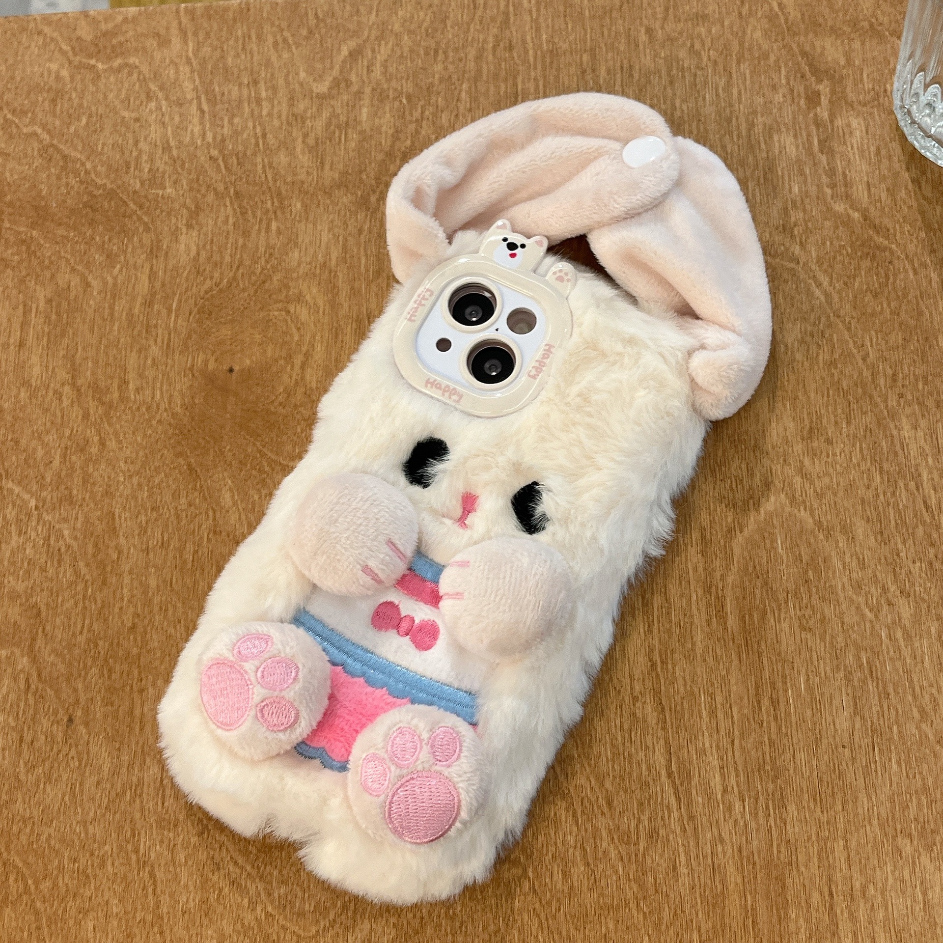 Botón de peluche lindo orejas conejo iPhone16 Apple 15 para 16 pro max cubierta de teléfono celular