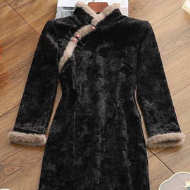 巨好看旗袍新款秋冬加绒加厚黑色中长款改良女年轻款新品日常百搭