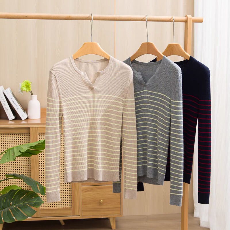 68 pieces of fine-spun 100% pure cashmere women's round V-neck striped slim-fit elegant fashion sweater knitwear