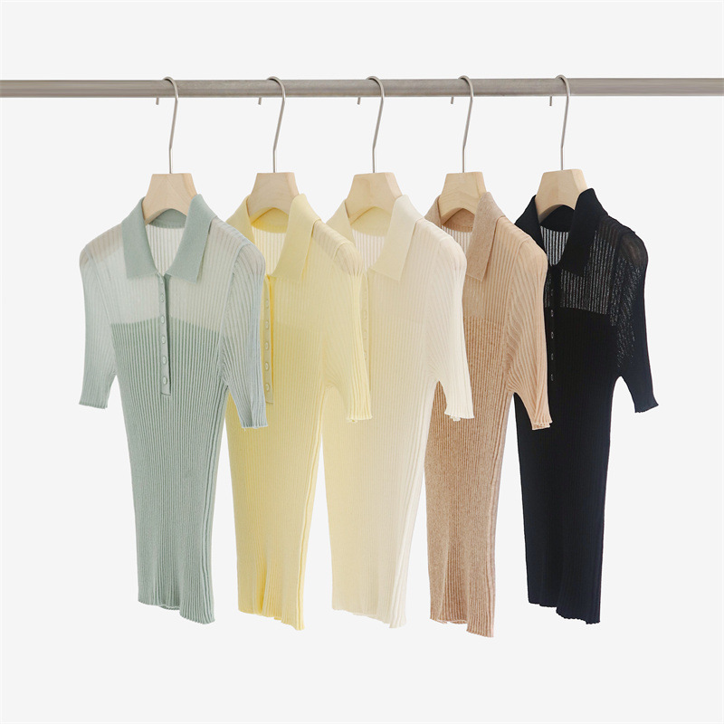 Spring and Summer new Polo collar shoulder perspective design knitwear 33 wool blended pit high elastic top A6610