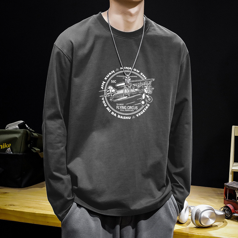 アメリカの重いポンドの純綿の長袖のtシャツの男子学生は秋に高級感の丸首のパーカーの黒色の底のシャツの中で掛けます。|undefined