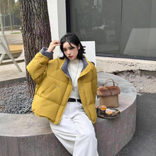 韩版格子拼接短款立领羽绒服女2025冬季新款小个子白鸭绒休闲外套