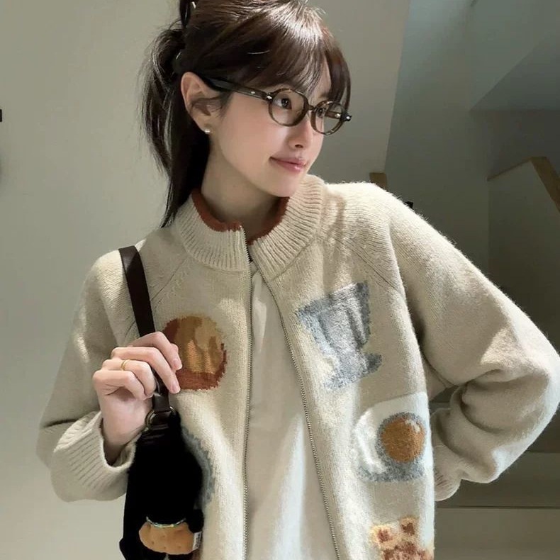 学院风针织开衫女秋冬miu系毛衣外套韩系拉链提花宽松慵懒风上衣