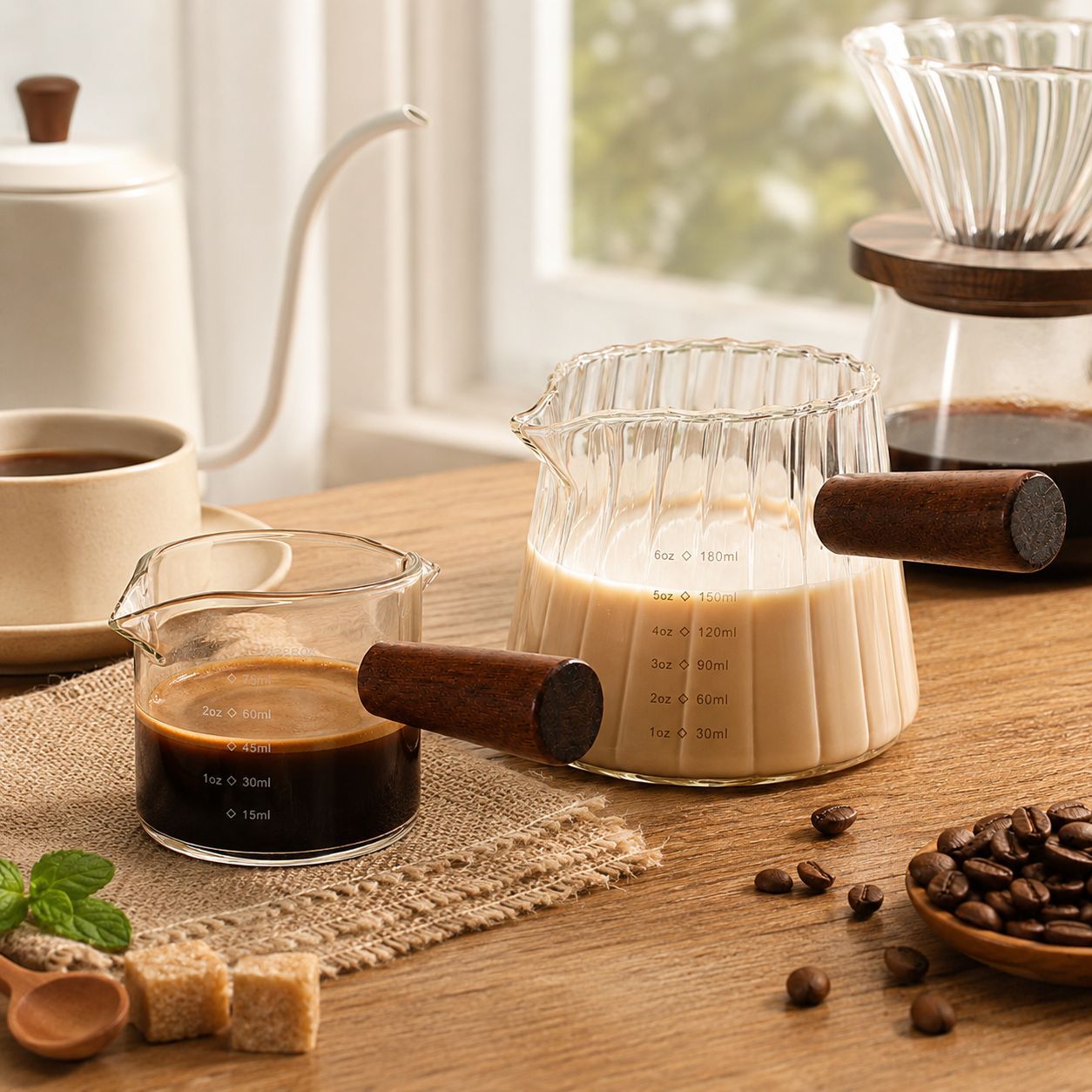 High borosilicate glass small milk cup for home use, with scale, ounce cup, mini coffee cup, wooden handle milk jug, glass measuring cup