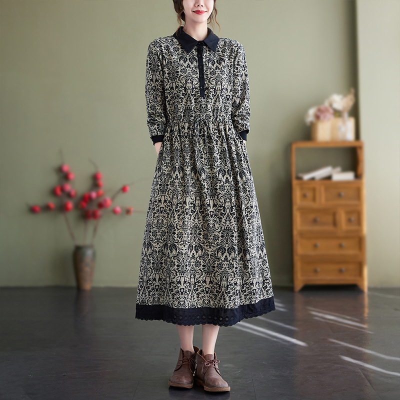 Vintage Retro Print Dress 2025 Autumn Cotton Linen Base Long Loose Shirt Collar Dress