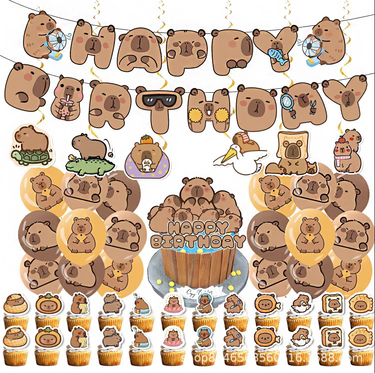 New capybara cartoon theme party decoration supplies children's birthday flag balloon graduation cake party decoration