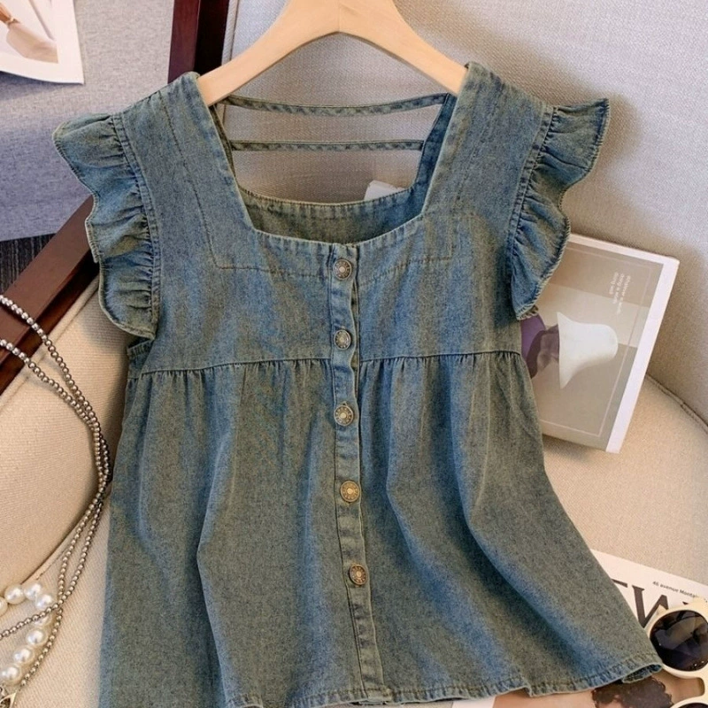 Летняя рубашка, новый стиль, chjG, сексуальный джинсовый жилет с маленькими летящими рукавами, дизайн рубашки, свободный элегантный модный топ, уменьшающий возраст