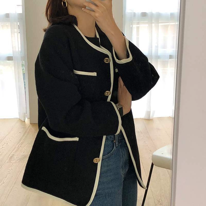Демисезонная куртка с лентой и круглым воротником,coat, корейский стиль, стиль Chanel, свободный крой