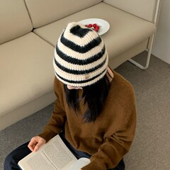 韩版条纹针织帽子女秋冬新款大头围显脸小百搭堆堆帽护耳毛线冷帽