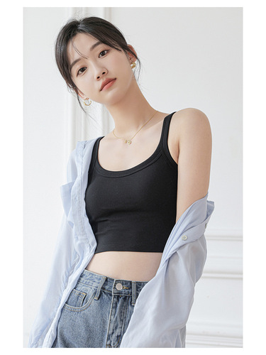 Japanese all-in-one pure cotton camisole for women with chest pad for outer wear, sports beauty back, solid color fixed cup to wrap chest