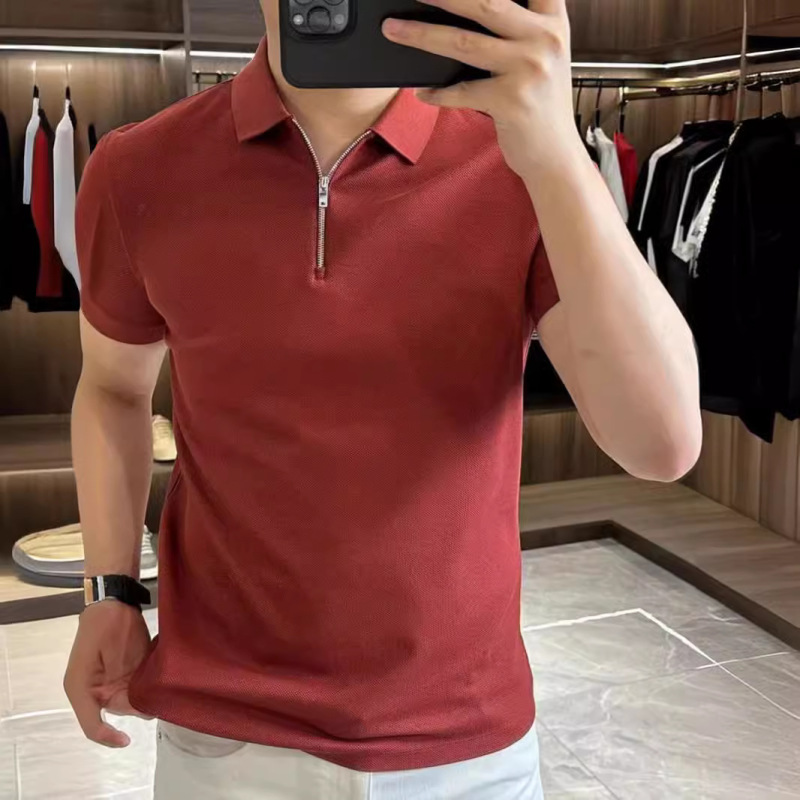 2026 Summer High-Quality Designer Zip-Up Lapel Solid Color Short-Sleeve T-Shirt for Men, Slim Fit, Light Luxury Half-Sleeve Base Shirt