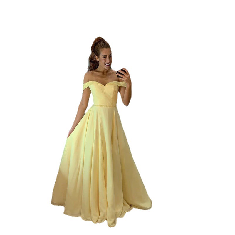 Comercio exterior europeo y americano Amazon AliExpress deseo de las Mujeres Nuevo vestido largo fuera del hombro vestido de gasa amarilla image 5
