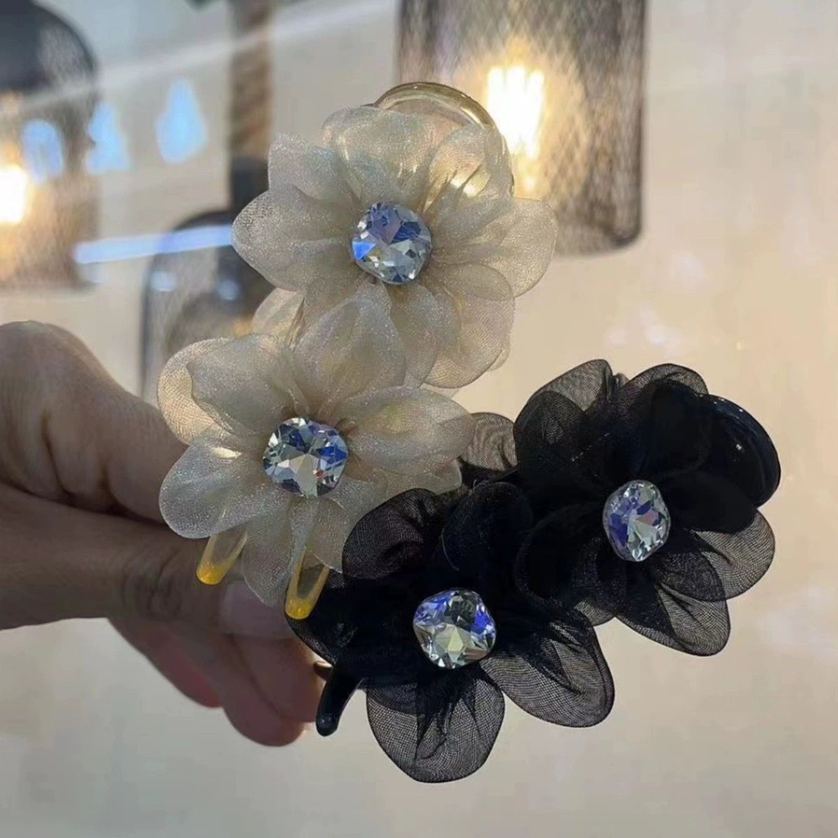 網紗花朵丸子頭帶鑽抓夾花苞丸子夾盤發神器韓國輕奢新款髮夾女