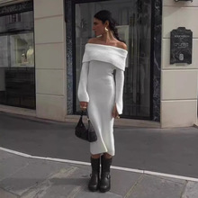 欧美女装优雅风一字肩叠褶中长款针织毛衣连衣裙气质显瘦2024新款