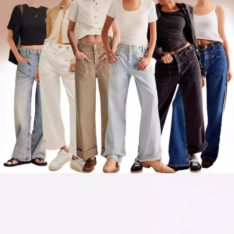 Sc American Retro Non-Elastic Washed Straight Cargo Jeans for Women Autum New Street Fashion Brand Wide-Leg Denim for Women