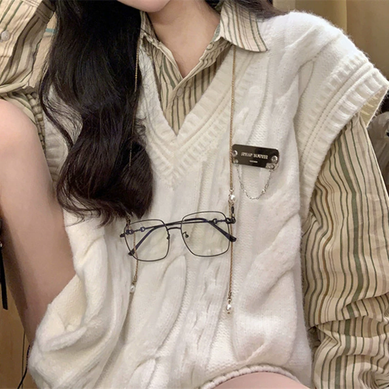 Весенне-осенний свитер-жилет в японском стиле, новый, 2025 года, милый, вязаный, корейский стиль, белый, свободный, женский костюм