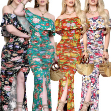 HY9014 欧美优雅印花连衣裙 长款开叉一字肩连衣裙