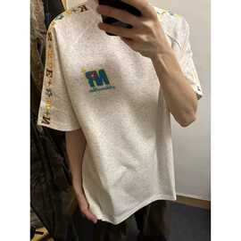 重磅纯棉插肩刺绣短袖男女夏季美式正肩t恤宽松痞帅情侣休闲上衣